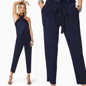 Ramy Brook Allyn Navy Silk Stretch Crop Paperbag Waist Pants